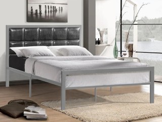 Bebelelo Claude Grey Metal Platform Single Bed with Padded Black Headboard