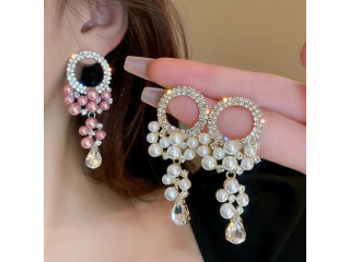 Luxury Chic Crystal Round White Pink Pearl Tassel Earrings for Women