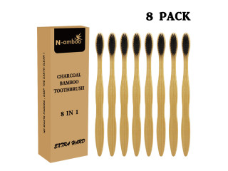 Hard Bristles Bamboo Charcoal Toothbrush for Adult Pack of 8
